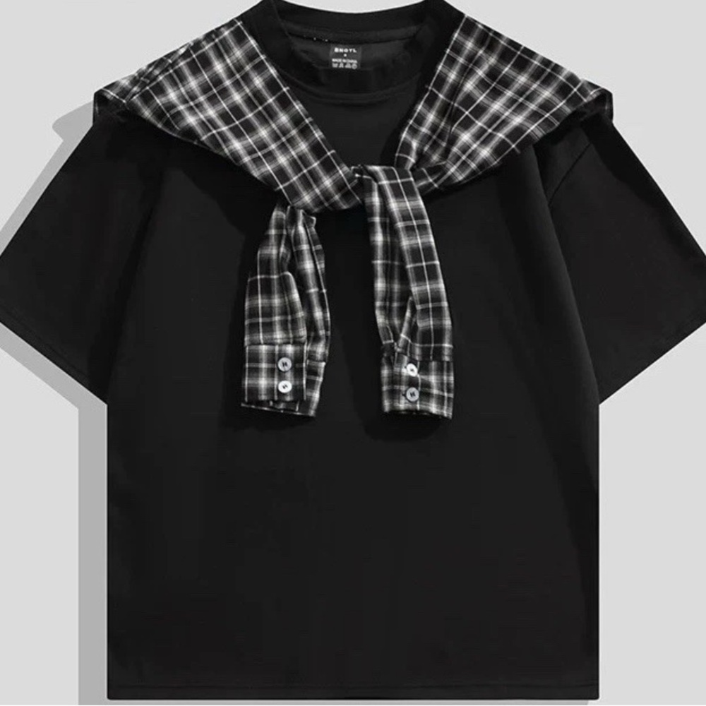 Black T-Shirt with Plaid Accent
